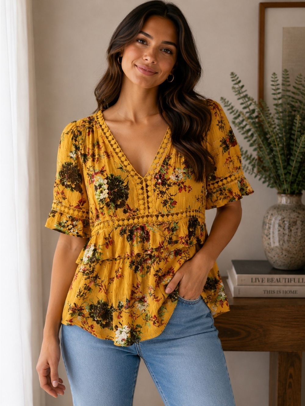 JODIFL Mustard Yellow Floral Boho Tunic Blouse – Size small